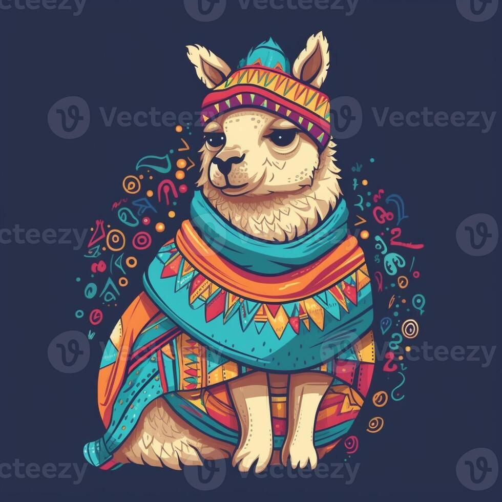 quirky llama with a colorful blanket on its back always ready to