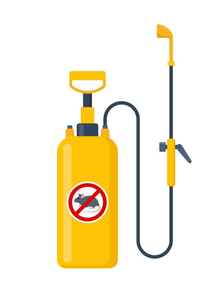 Yellow pressure sprayer of chemical insecticide, pest control and extermination service equipment. Protection from the rats. Vector Illustration.