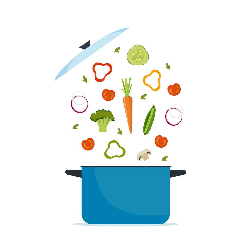 Vegetables and pan. Broccoli, pepper, red tomato, carrot, onion, greens. Cooking process vector illustration.