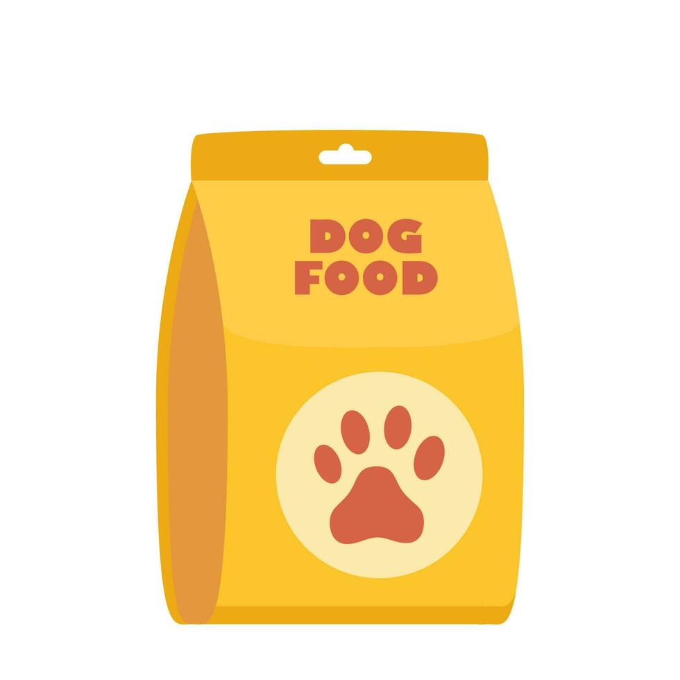 Dog food, yellow bag package. Pet meal. Vector illustration.