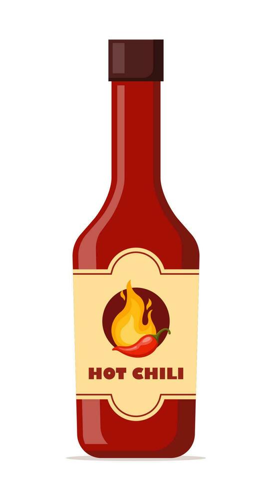Spicy sauce in red bottle. Ketchup, hot tomato and chili sauce in bottle, red chili pepper and yellow fire on label. Vector illustration.