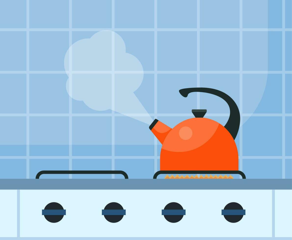 Modern gas stove and kettle on it on flame. Home kitchen stove. Preparing food, cooking. Vector illustration in flat style.