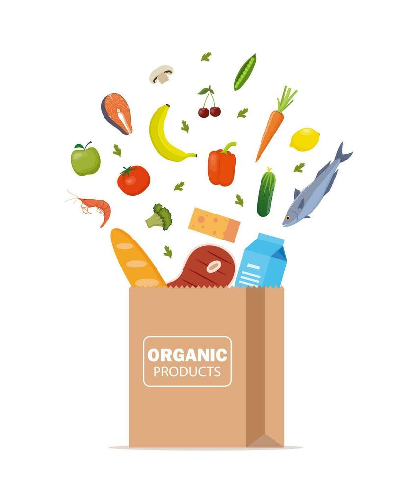 Fresh healthy products are dropped into a paper bag. Organic food from the farm. Vegetables, bread, dairy products, vine, meat, fish and fruits. Food delivery. Vector illustration.