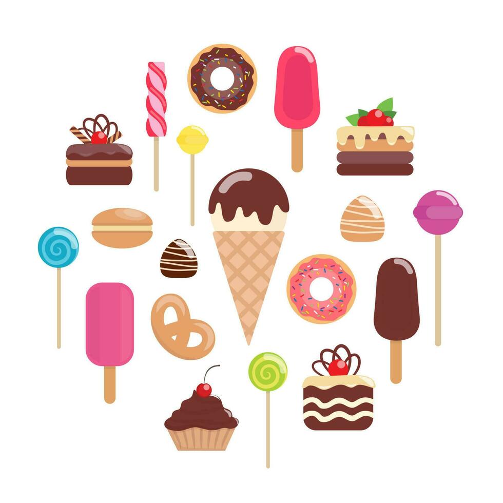 Set of various sweets. Ice cream, cake, cake, donut, macaroon, Lollipop, candy, chocolate. Vector flat illustration.