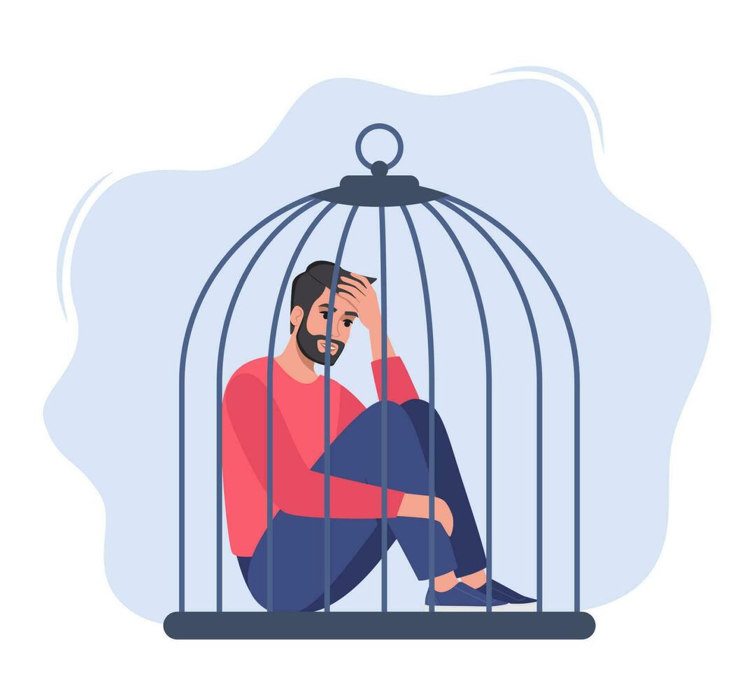 triste hombre sentado dentro el cerrado jaula. concepto de restricciones en humano derechos y libertades en sociedad. vector ilustración.