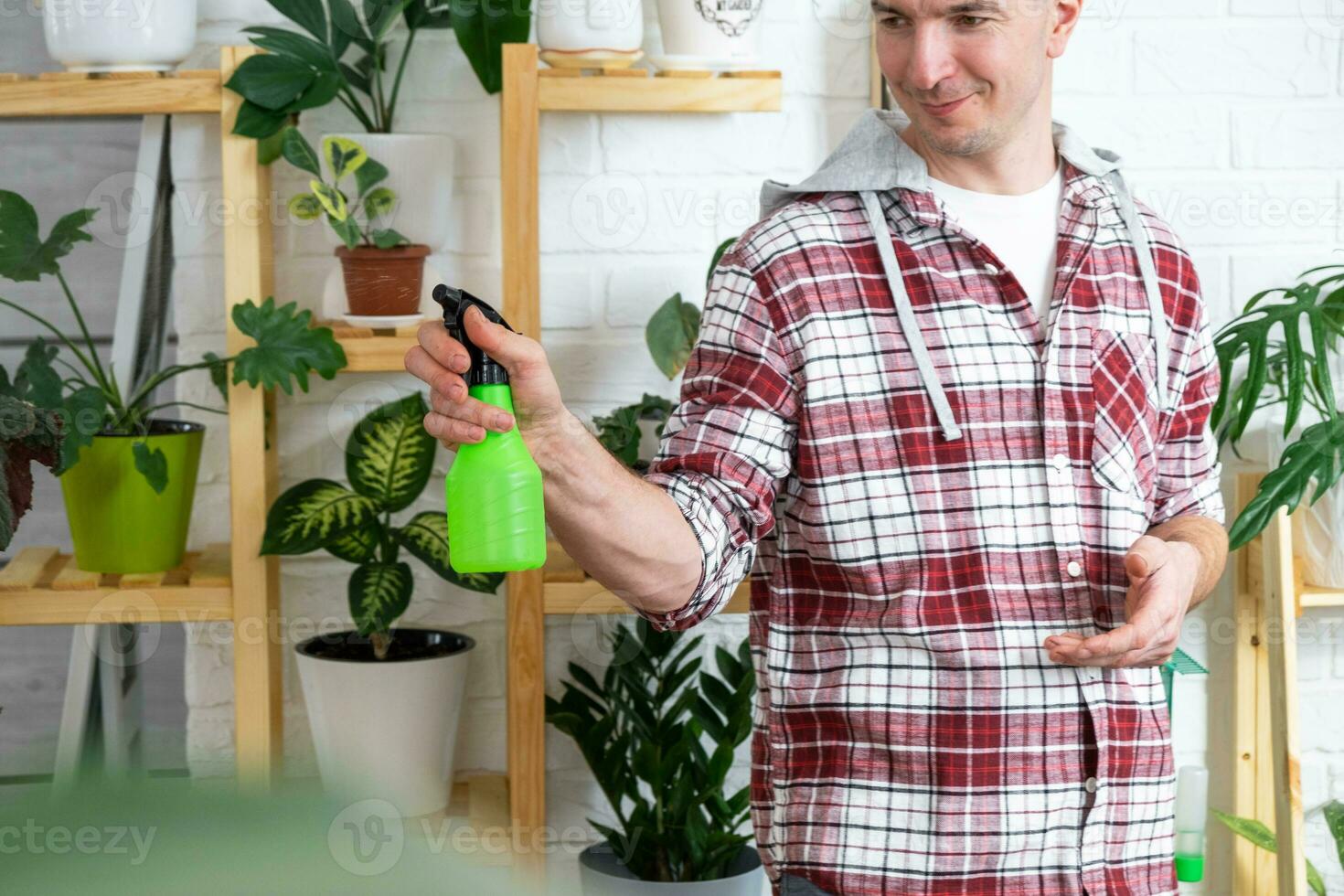 hombre aerosoles desde un rociar pistola hogar plantas desde su recopilación, crecido con amor en estantería en el interior de el casa. hogar planta creciente, verde casa, agua balance, humidificación foto