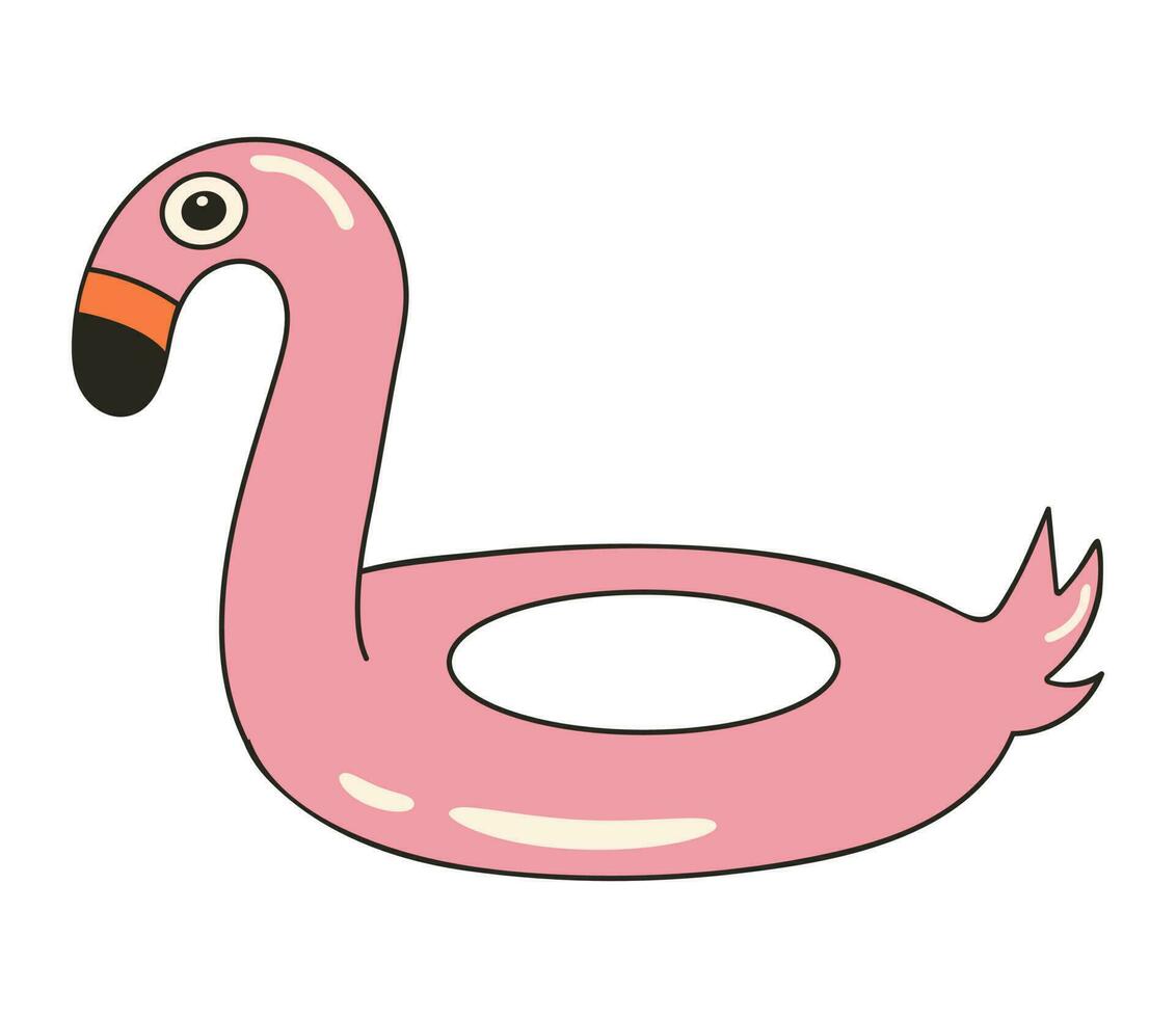 Cute flamingo swimming ring sticker in y2k groovy style. Retro cartoon style. vector