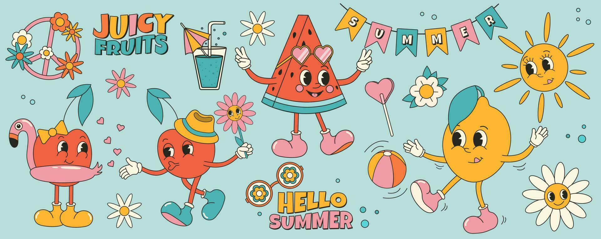 Groovy summer sticker set with summer fruits and elements. Cartoon characters in trendy retro style, comic mascot characters. vector