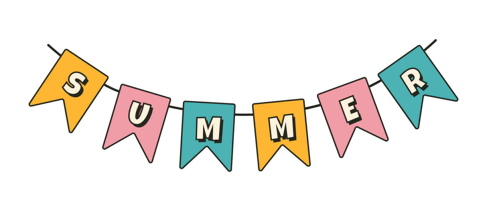 Cute hello summer garland sticker in y2k groovy style. Trendy retro cartoon style. vector