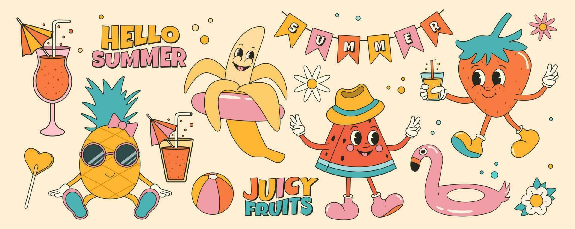 Groovy summer sticker set with summer fruits and elements. Strawberry, watermelon, pineapple, banana. Cartoon characters in trendy retro style, comic mascot characters. vector