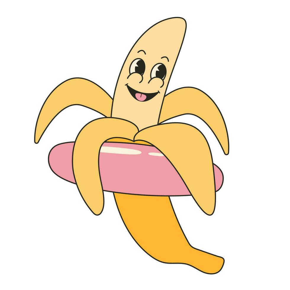 Cute banana character sticker in y2k groovy style. Retro cartoon character in trendy retro style, comic mascot character. vector