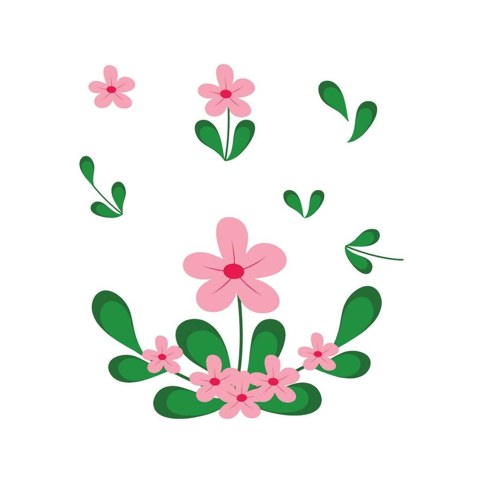 Pink flowers, composition and green leaves vector