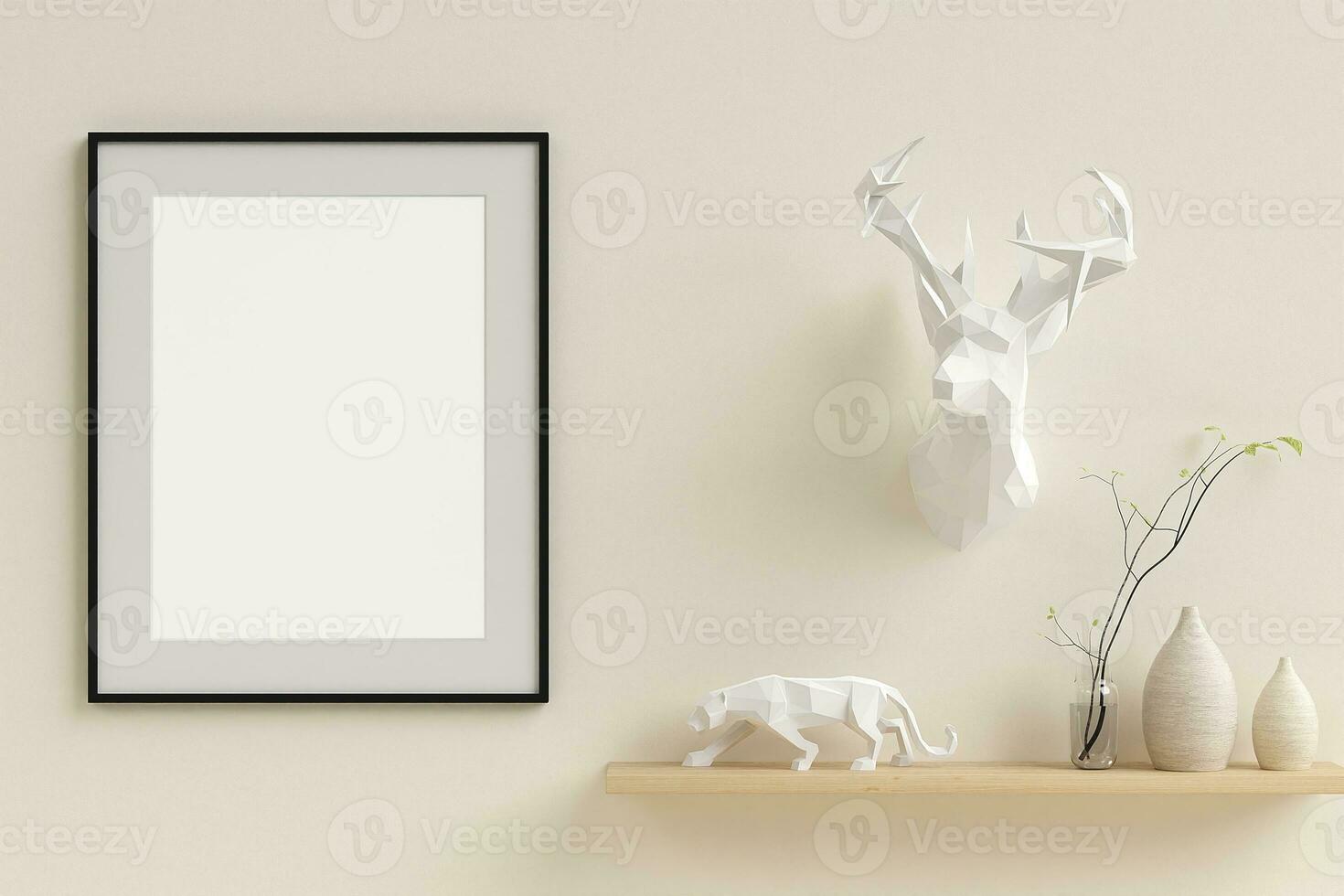 Framed poster on the wall with decor mockup photo