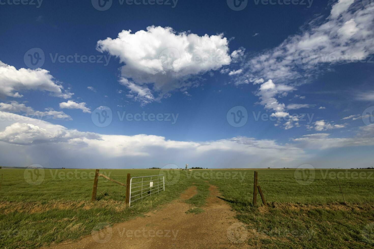Open farm gate and dirt track that lead to a windmill photo