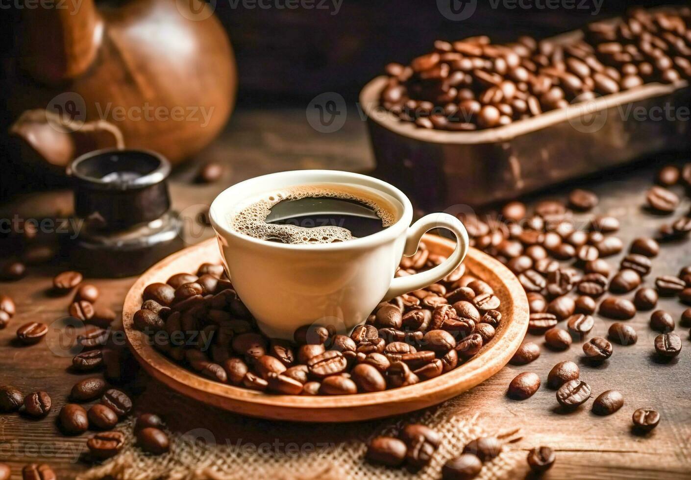 Hot coffee cup with coffee beans, Wallpaper coffee photo