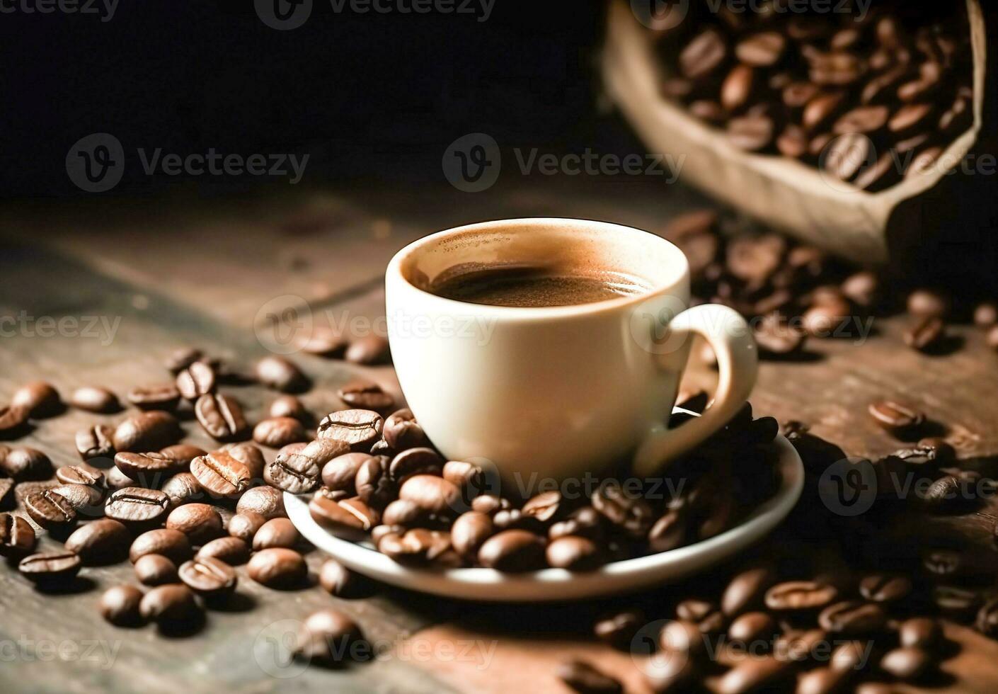 Hot coffee cup with coffee beans, Wallpaper coffee photo