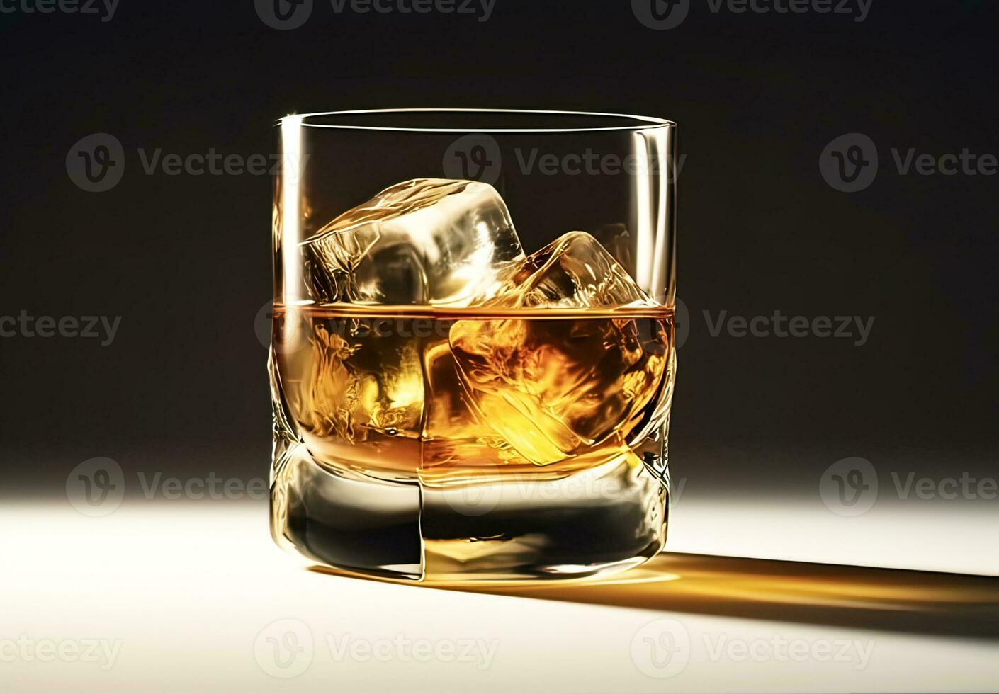 Whiskey with ice in glass on black background photo