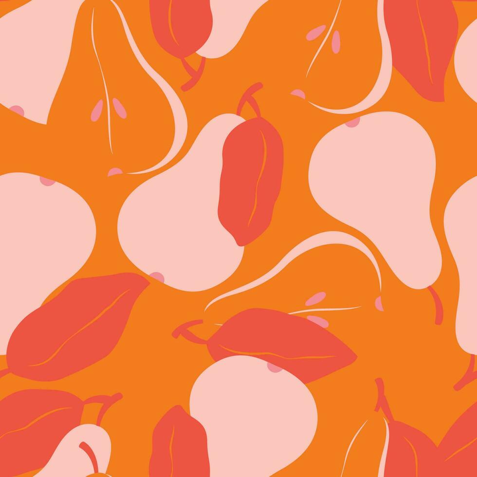 Seamless pattern with fruit shapes. Pears in vibrant pink and red. Colorful vector illustration.