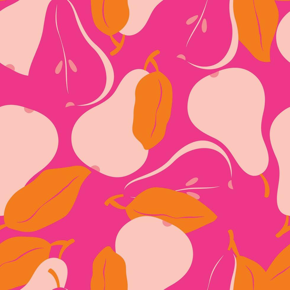 Seamless pattern with fruit shapes. Pears in vibrant pink and red. Colorful vector illustration.