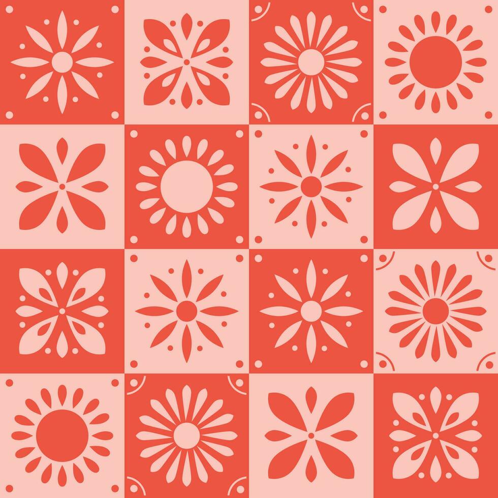 Seamless pattern with traditional ornate decorative tiles. Portuguese ceramic square tiles in orange, red and pink. Colorful vector illustration.