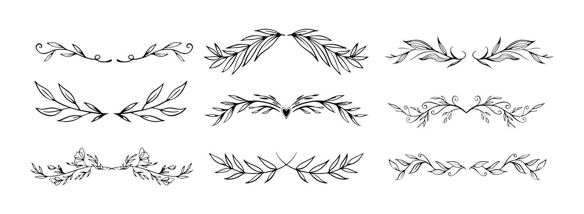 Collection of floral and leaves line art isolated on white background. Divider doodle leaf and flowers, nature border decorative element vector illustration