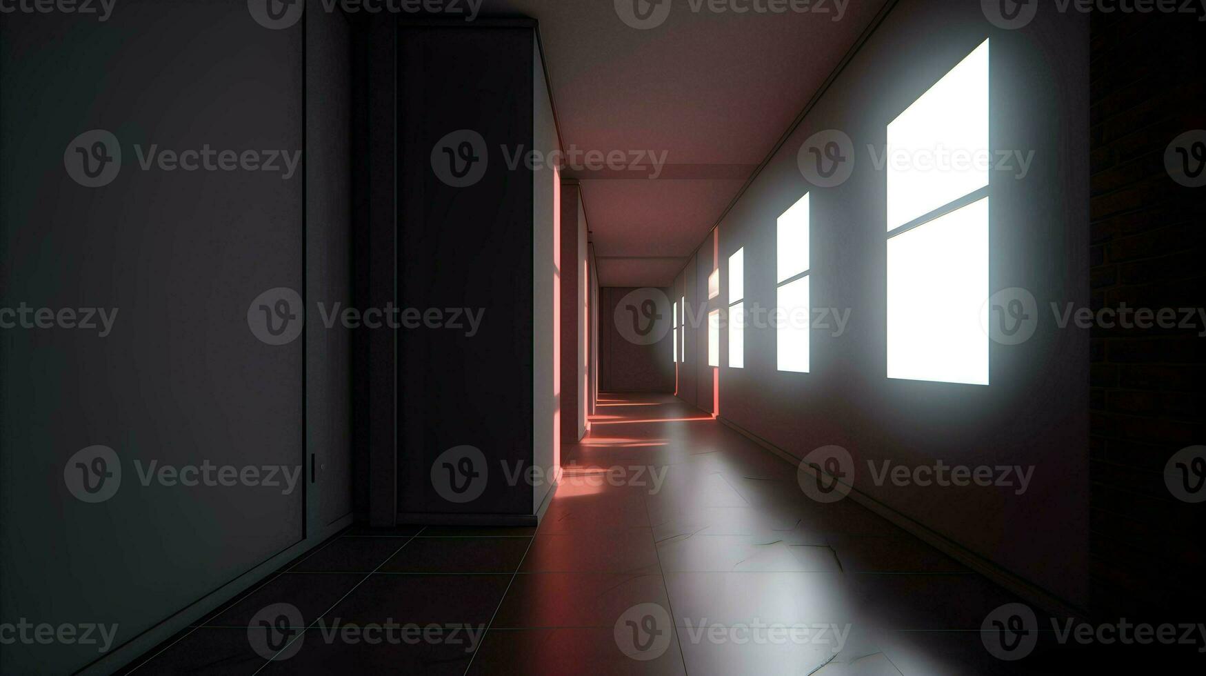 3D Rendering of a Sunlit School Hallway photo