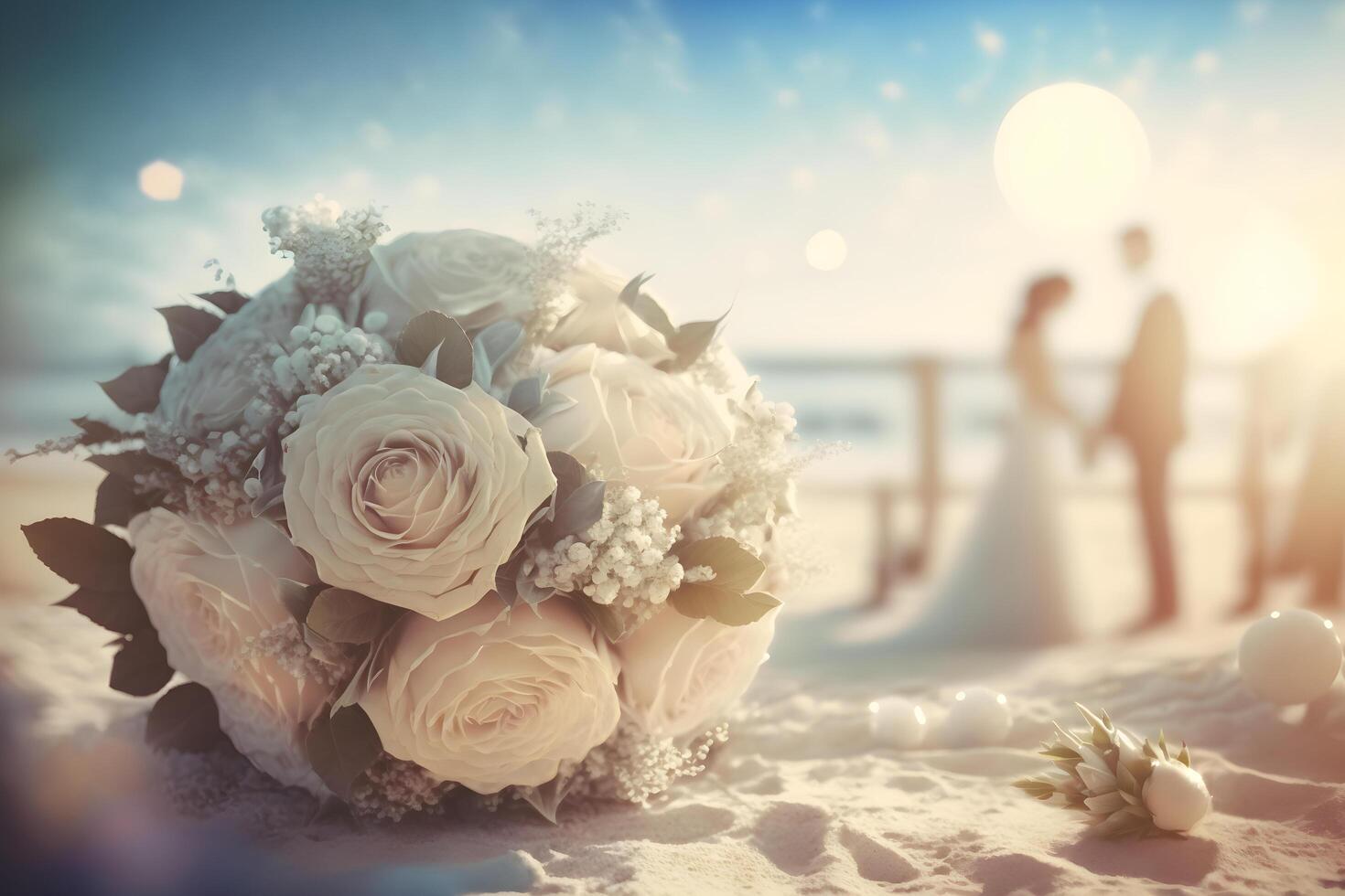 White roses bouquet on beach with blur a couple wedding background. photo