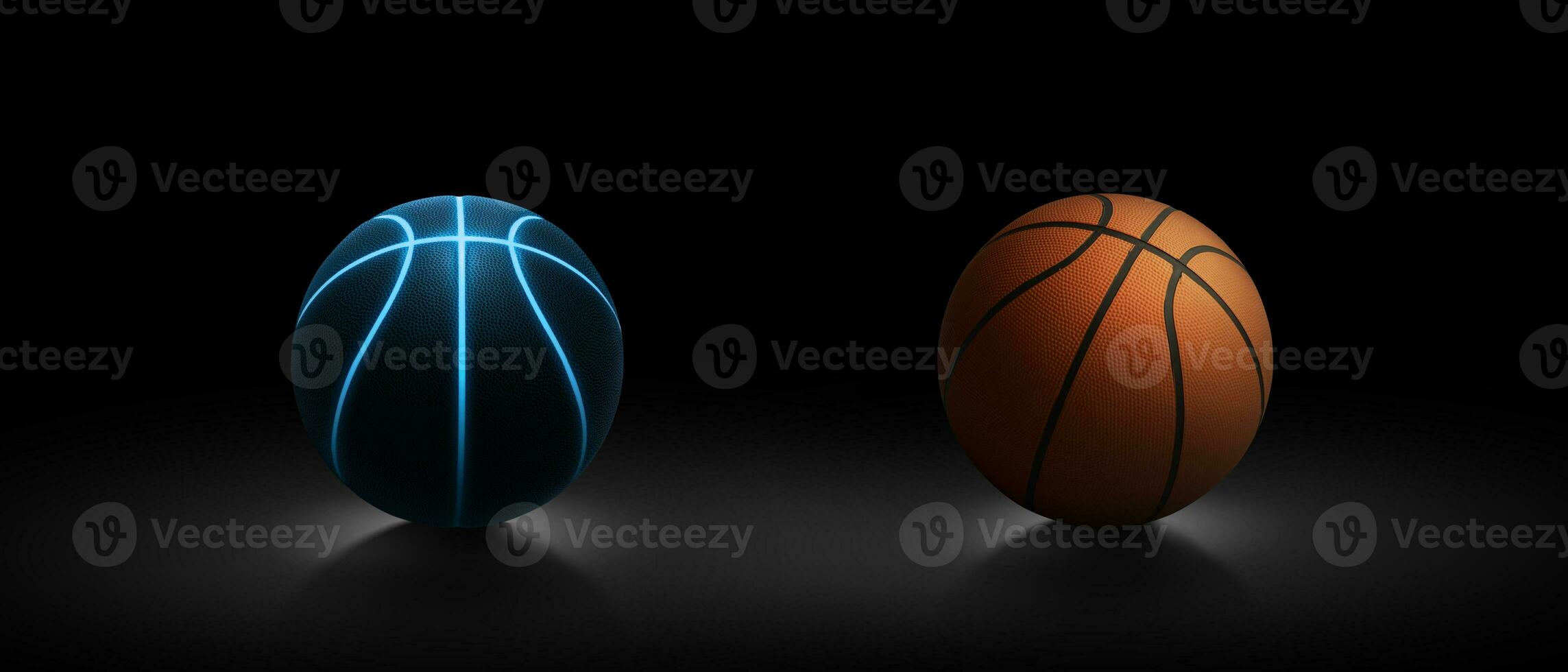 Basketball ball with bright blue glowing neon lines and Basketball ball on dark background photo