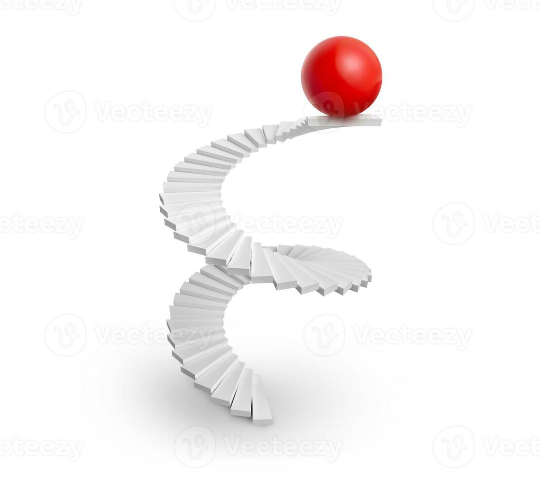 spiral staircase and red sphere on white background photo