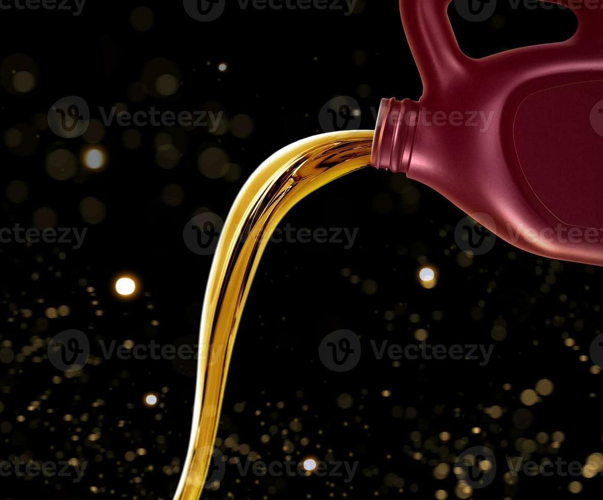 Engine oil pouring from canister, bokeh background photo