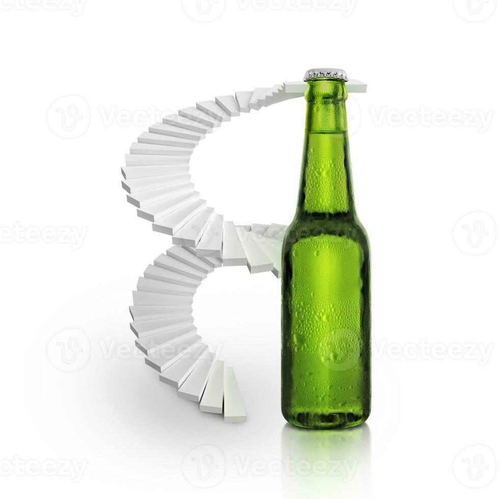 espiral escalera escalada verde botella de Fresco cerveza con gotas de condensación en blanco antecedentes foto