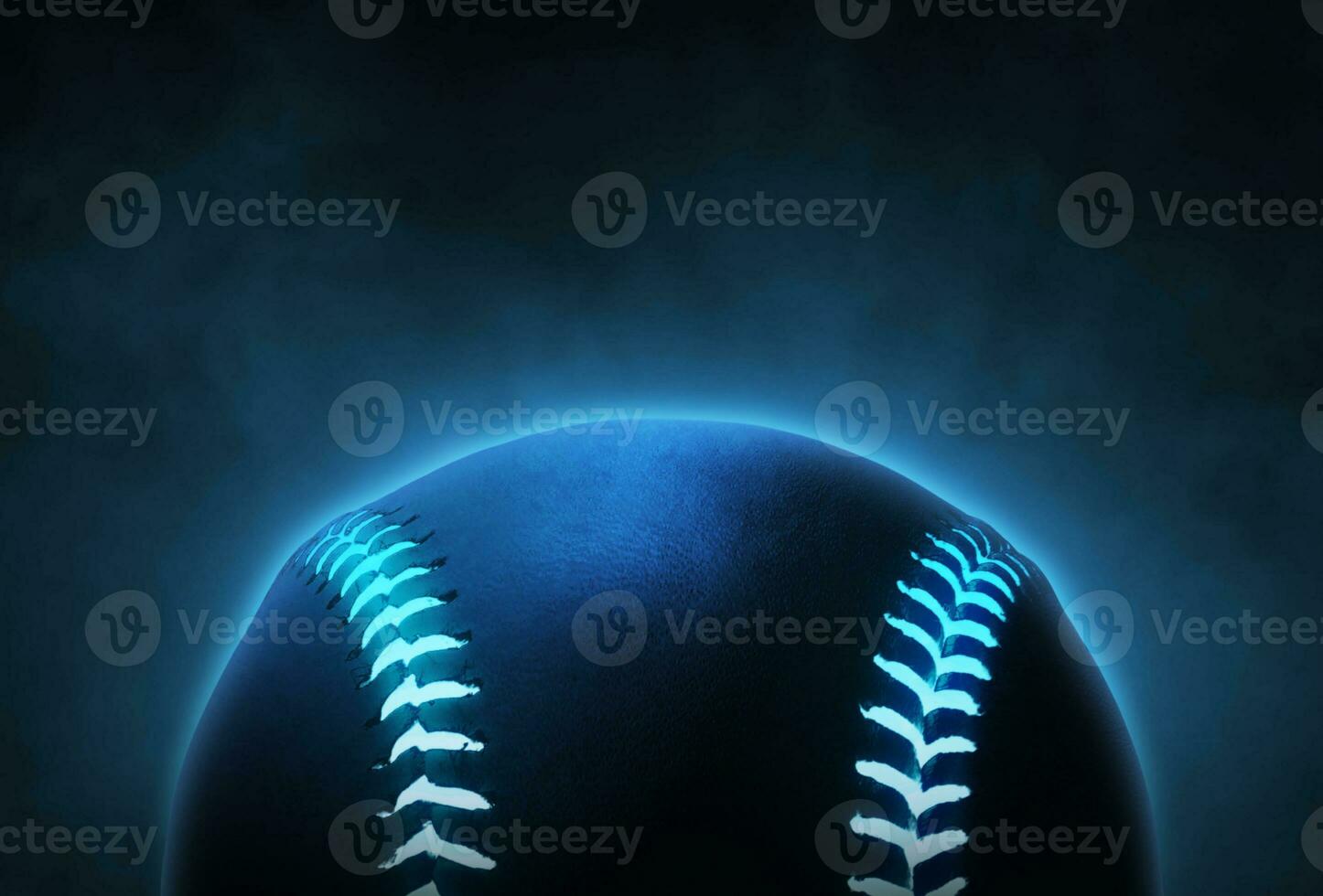 Single black baseball ball with bright blue glowing neon lines on smoke background photo