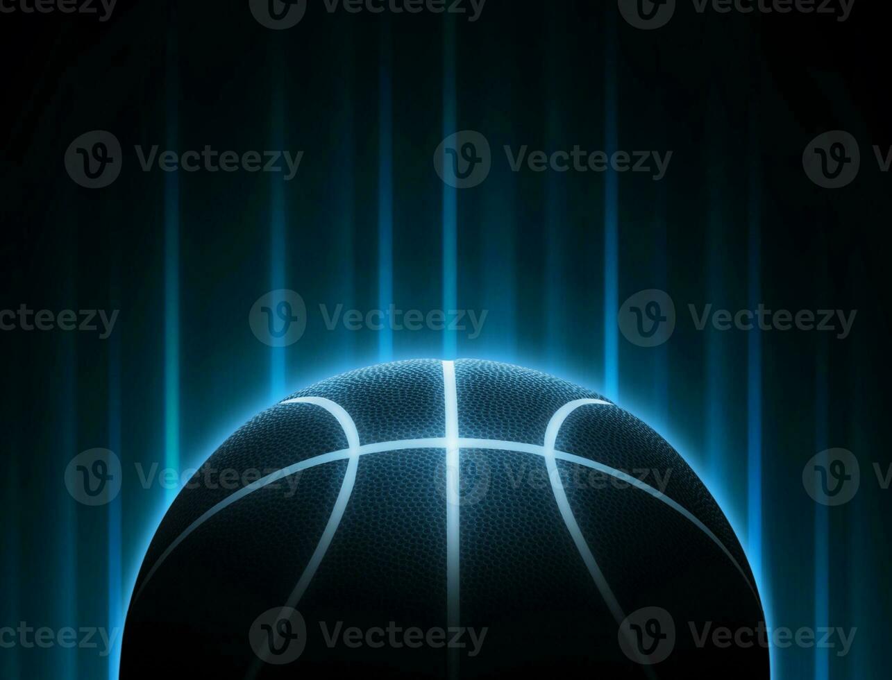 Black basketball with bright blue glowing neon lines with abstract lights. Basketball game concept photo