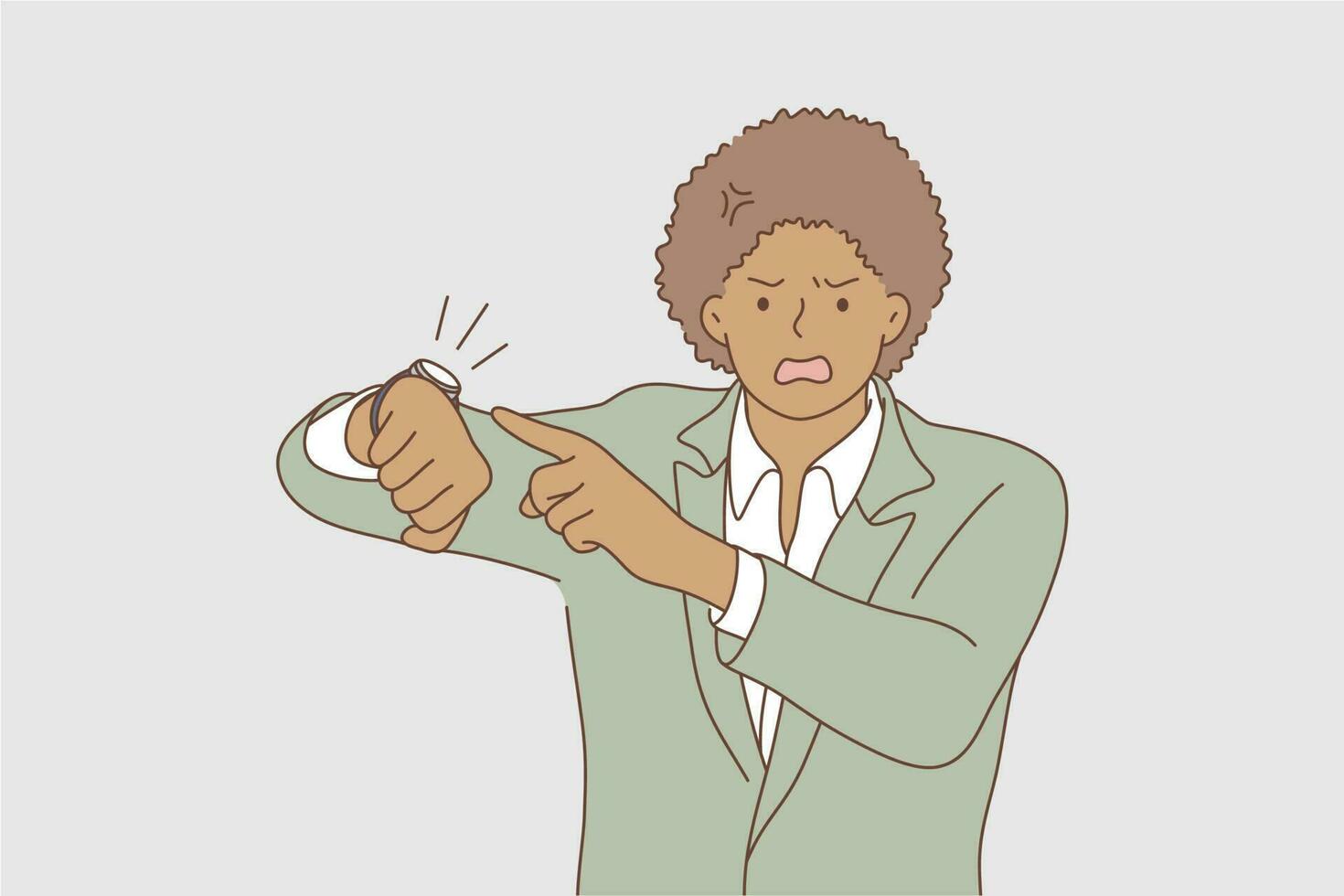 Business, face, expression, wait, emotion concept. Young worried unhappy african american businessman guy clerk manager hurry and pointing to watch time. Impatience and deadline delay illustration. vector