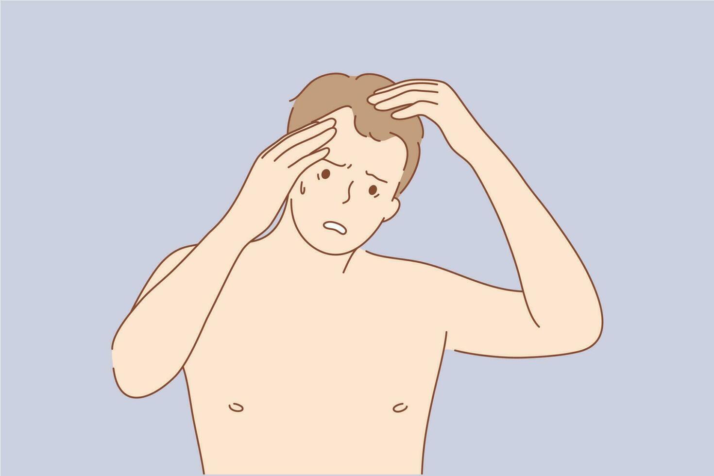 Health, care, frustration, examination, irritation concept. Young frustrated sad upset man guy with alopecia cartoon character looking at mirror examining head. Age problem of hair loss illustration. vector