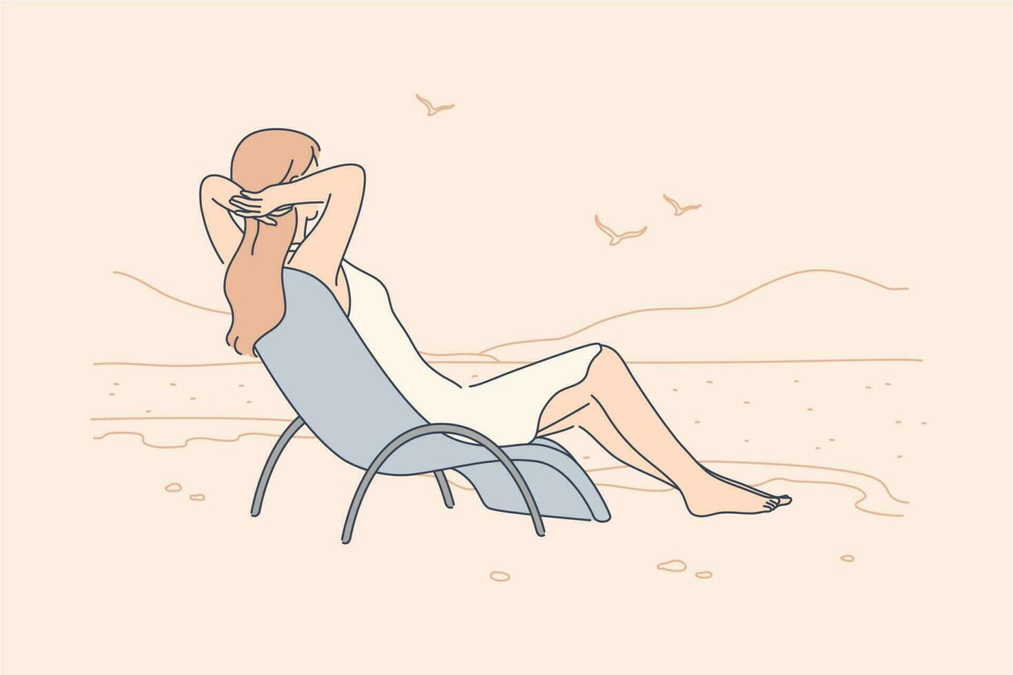 Vacation, holiday, rest, tourism, relaxation concept. Young tired relaxed woman girl tourist sitting lying in lounge chair on sea beach. Summer recreation or leisure time on ocean resort illustration. vector