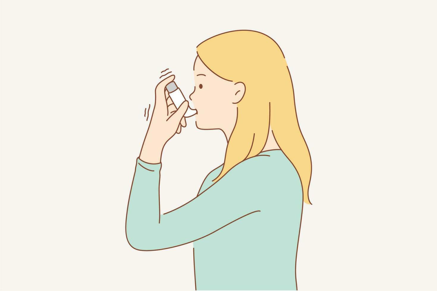 Health, care, desease, problem concept. Young sick ill asthmatic woman girl cartoon character using inhaler during asthma attacks symptoms for lungs better breathing. Troubles with breath illustration vector