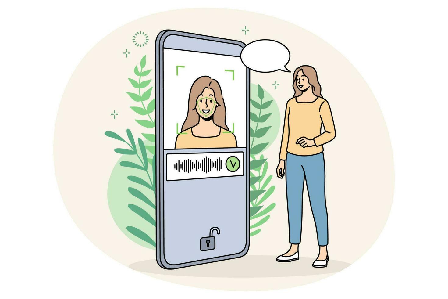 Woman unlock cellphone with face ID vector