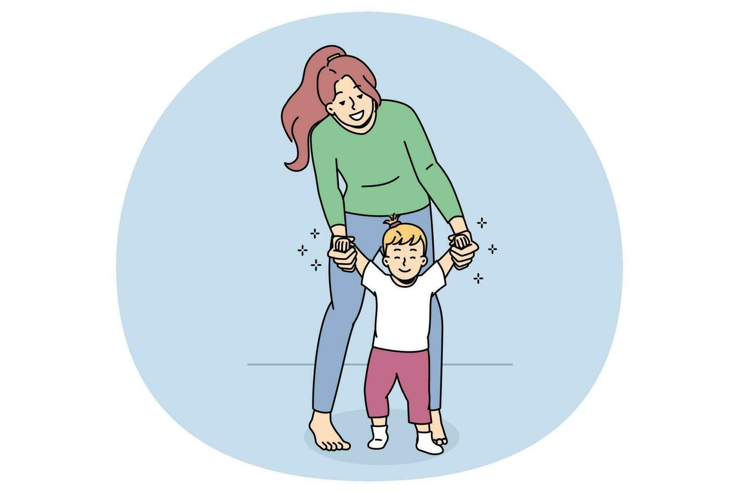 Happy mom help little baby toddler make steps vector