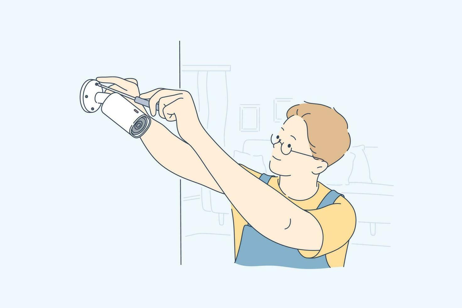 Installation, service, camera concept. Man boy technician worker cartoon character repairing or setting new video observation device with screwdriver. Security support safety provision illustration. vector