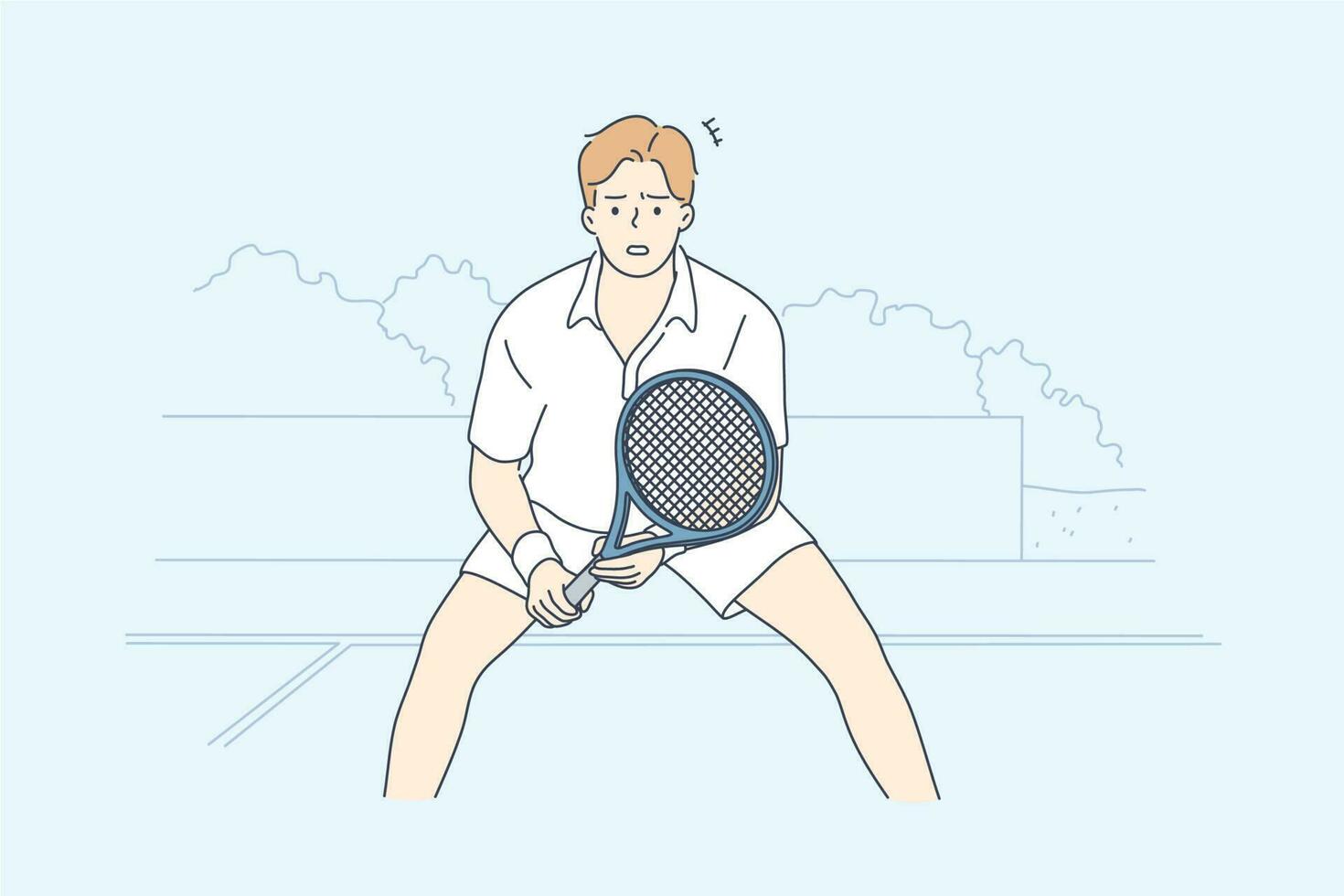 Sport, concentration, competition, play, game concept. Young concentrated man guy tennis player character staying focused in ready position. Challenge and participation in match tourney illustration. vector