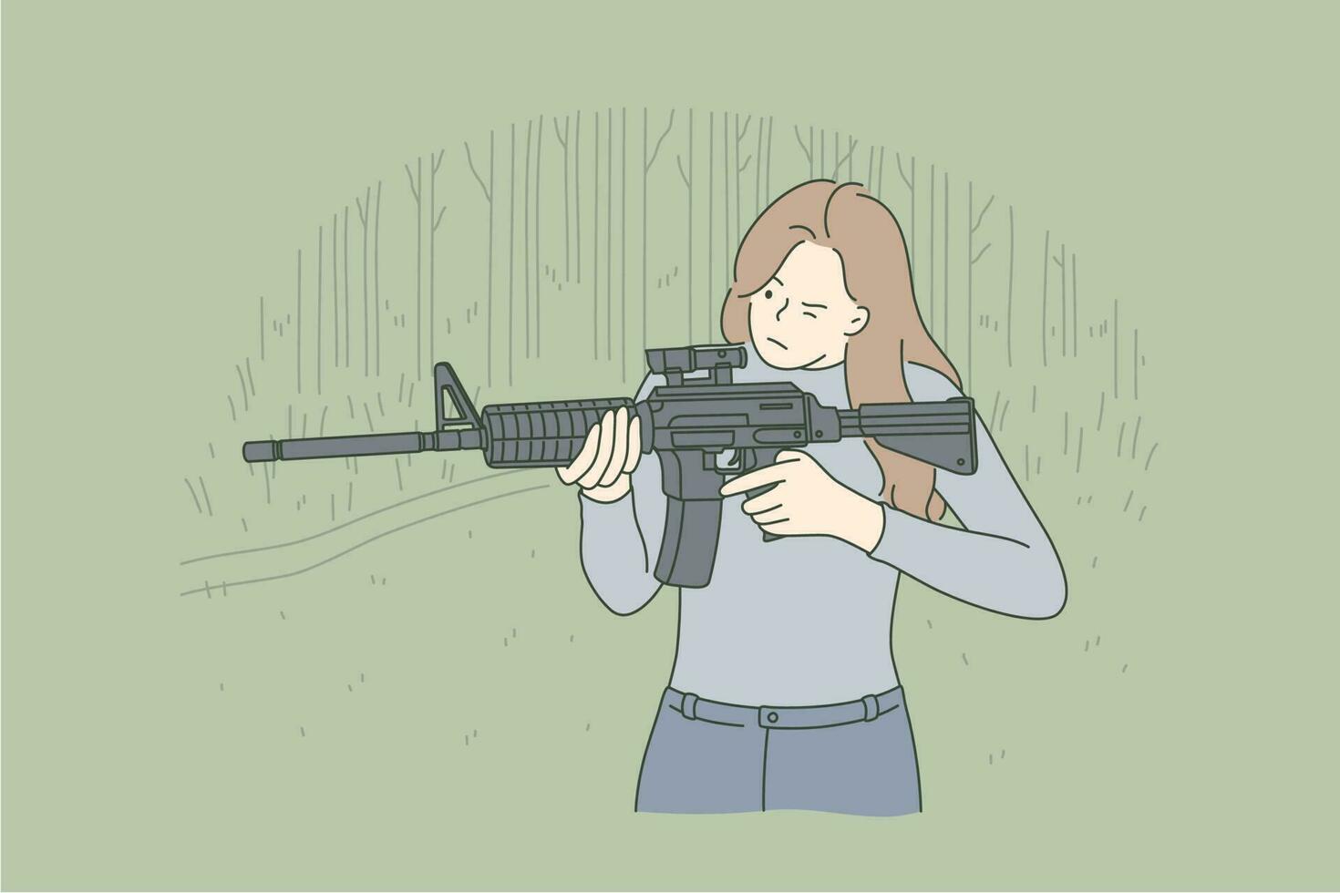 War, training, hunting concept. Young professional woman girl soldier hunter cartoon character aiming and looking through the sight automatic rifle at shooting range. Military service and self defence vector