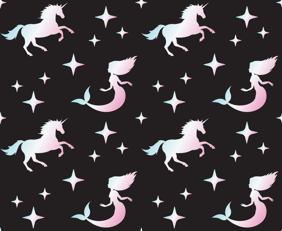Vector pattern of holographic unicorn and mermaid