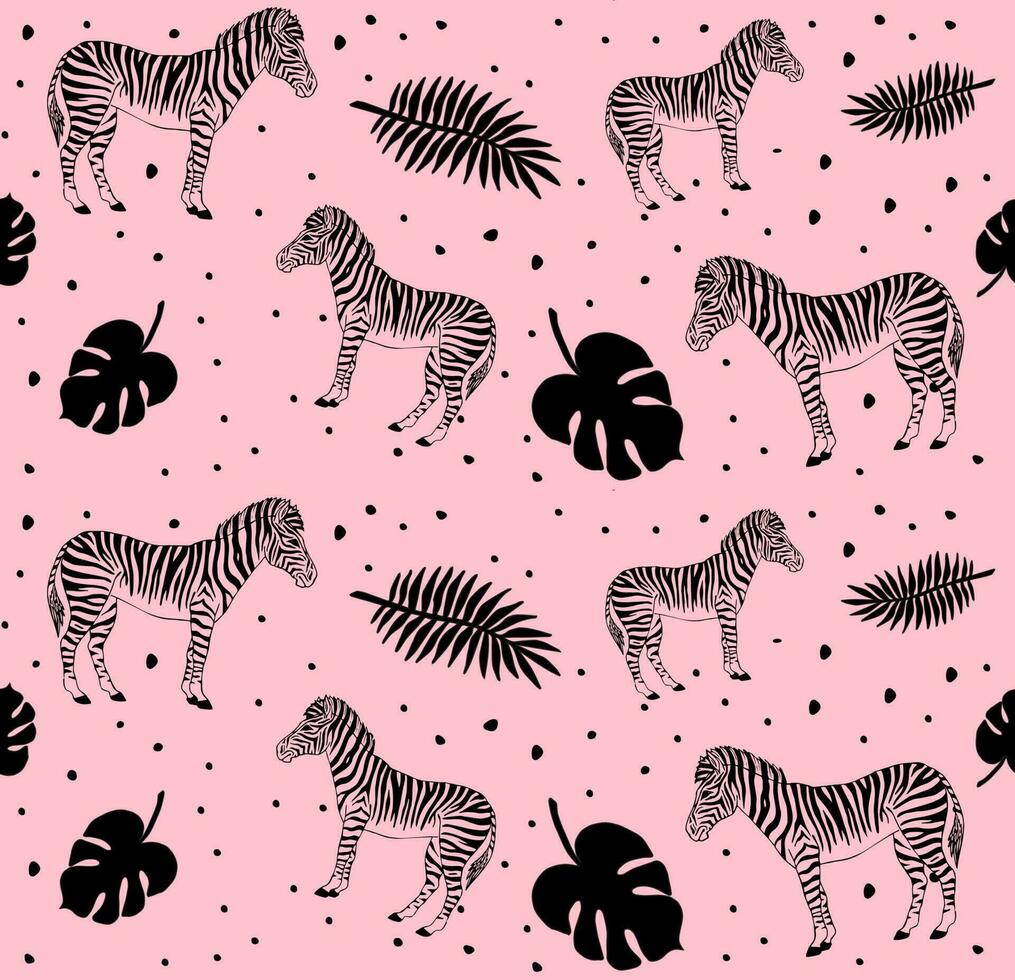 Vector seamless pattern of pink zebra and leaves