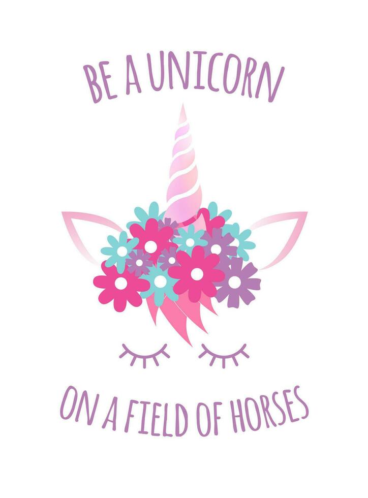 Vector flat cartoon unicorn face with quote