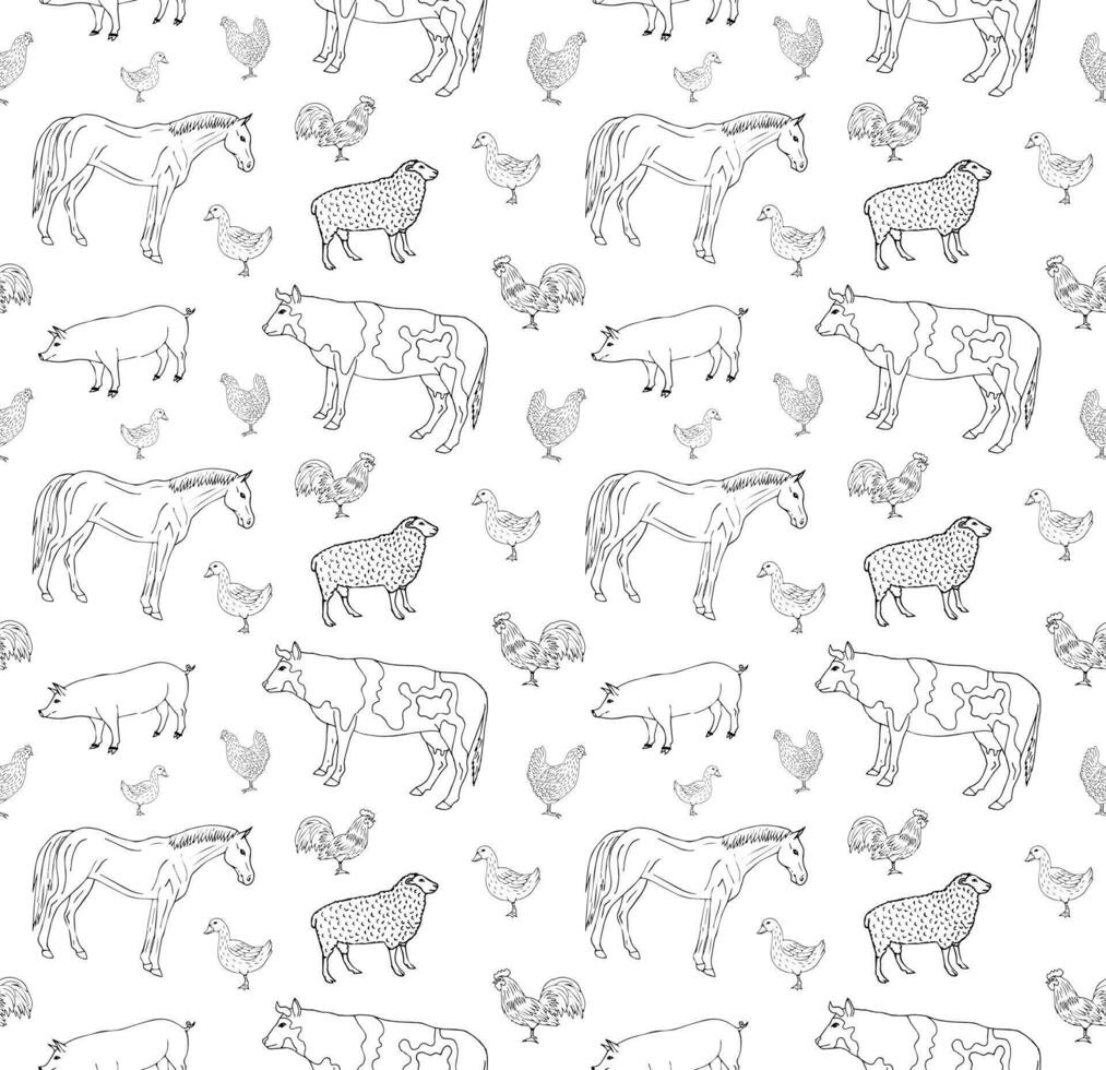 Vector seamless pattern of sketch domestic animals