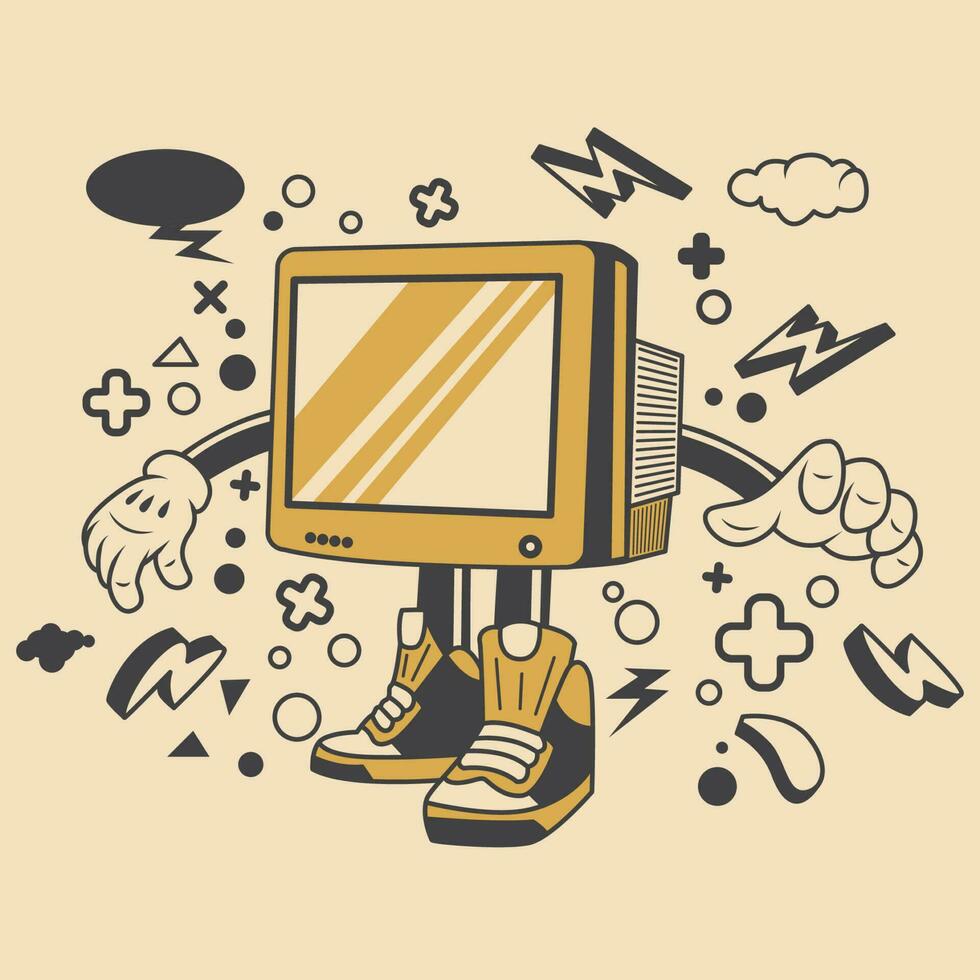 Retro Computer Monitor Cartoon Character Vector Illustration