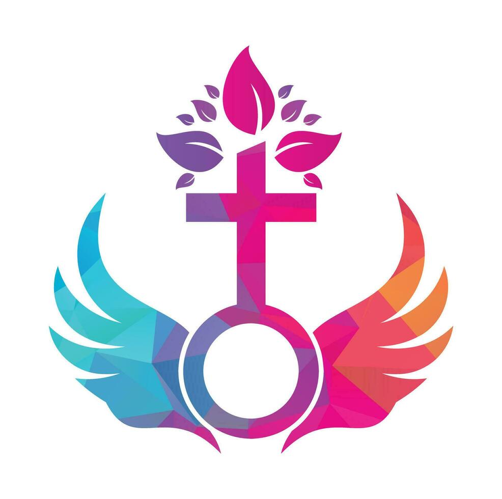 Church logo. Bible, Jesus' cross and angel wings. Wings church tree logo design icon. vector