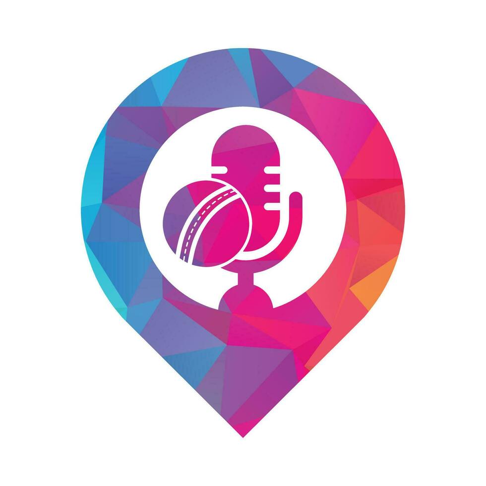 Cricket Podcast gps shape concept logo design template. Microphone and cricket ball logo concept design. vector