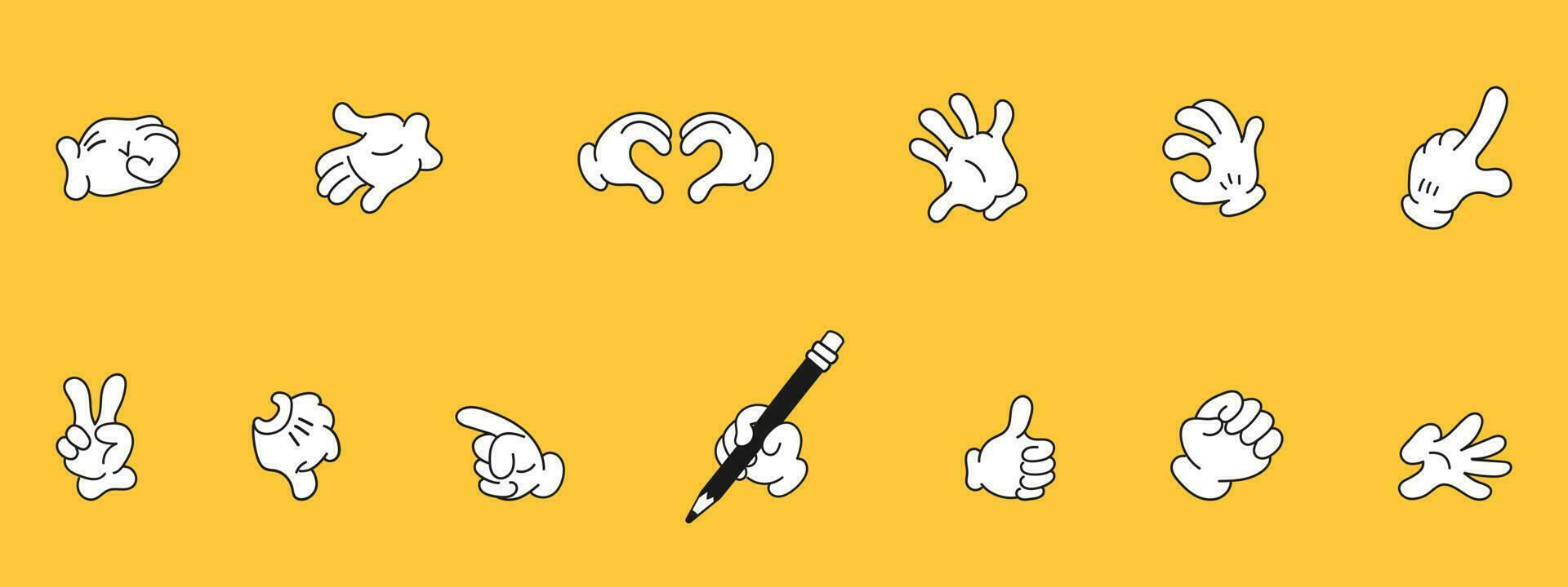 Elements of hands of characters in white gloves. Comic finger gestures in cartoon style. Vector illustration of different signs with palms.